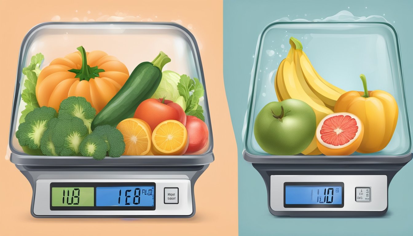 A kitchen scale with fresh fruits and vegetables on one side and frozen counterparts on the other, showcasing the difference in weight