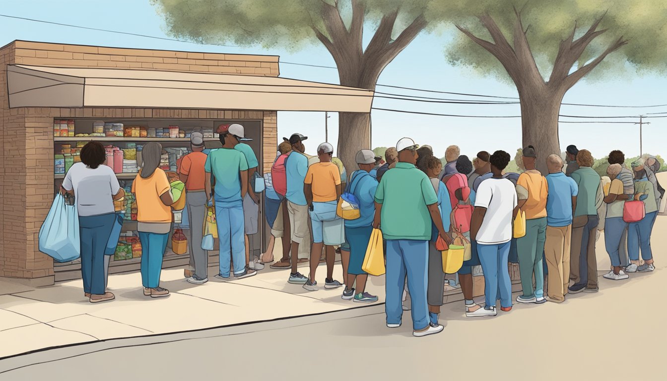 A line of people waits outside a small food pantry in Andrews County, Texas. Volunteers hand out bags of groceries to those in need