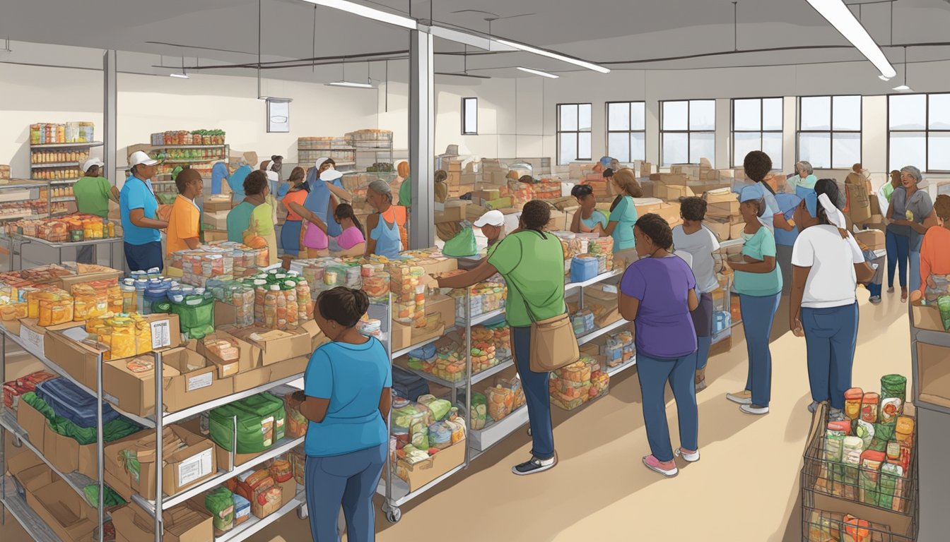 A bustling food pantry in Andrews County, Texas, with volunteers distributing free groceries to those in need