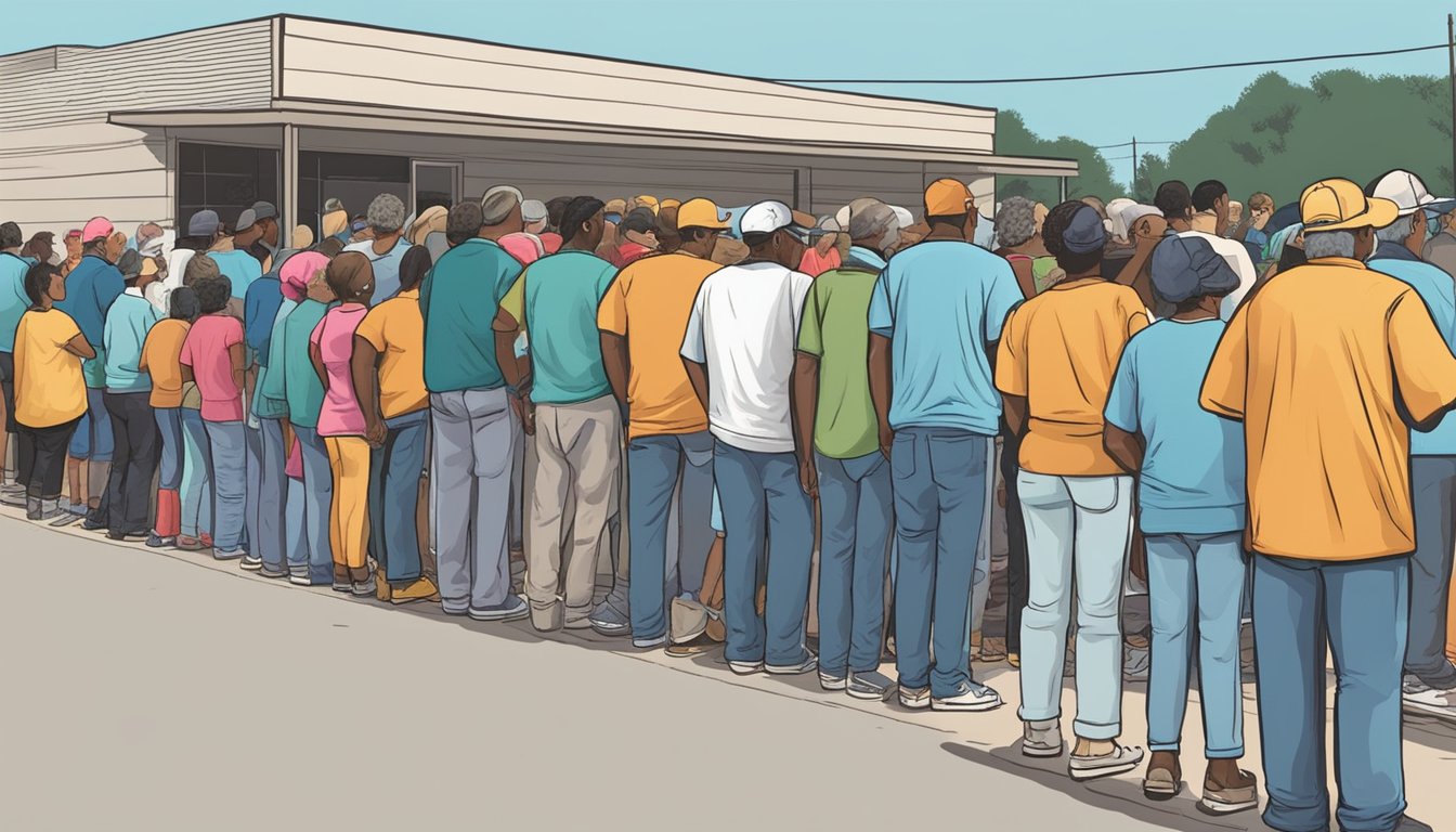 A line of people waiting outside a food pantry in Brazoria County, Texas, with volunteers distributing free groceries to those in need