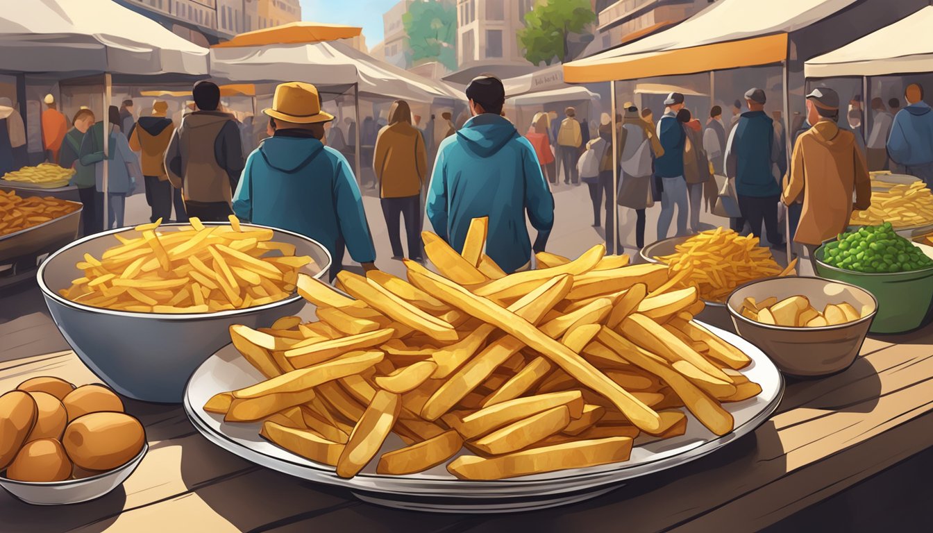 A table with a plate of golden crispy fries on one side and a pile of fresh-cut potatoes on the other, surrounded by a bustling market