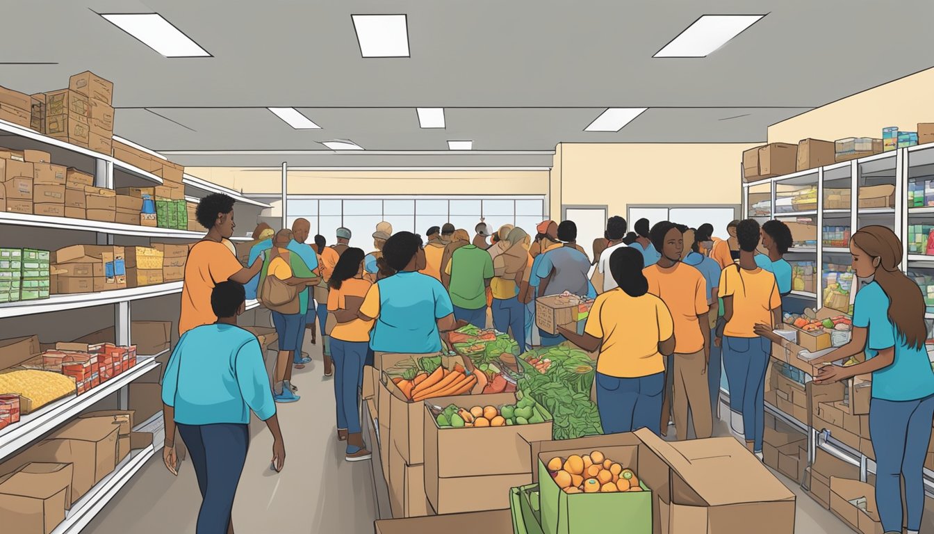 A bustling food pantry in Brazoria County, Texas, with volunteers distributing free groceries to those in need