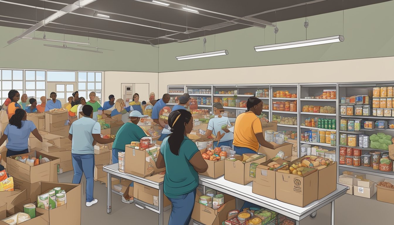 A bustling food pantry in Brazoria County, Texas, with volunteers distributing free groceries to those in need