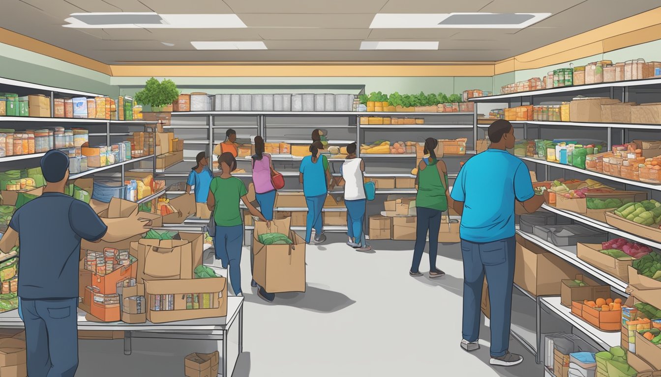 A bustling food pantry in Andrews County, Texas, with volunteers distributing free groceries to those in need