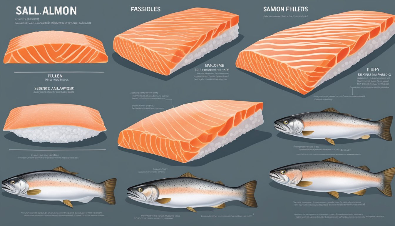 A side-by-side comparison of fresh and frozen salmon fillets, with close-up details of texture and color