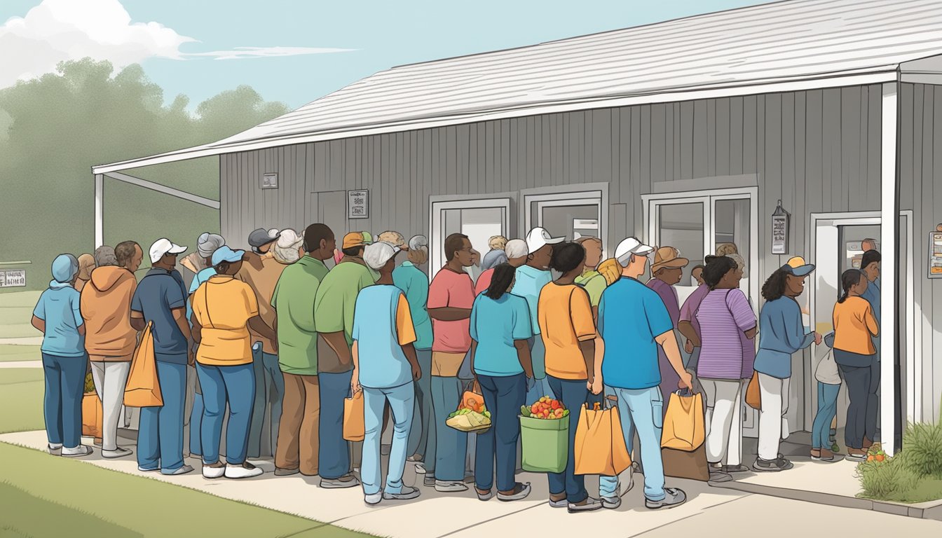 A line of people waiting outside a food pantry, with volunteers handing out free groceries in Angelina County, Texas