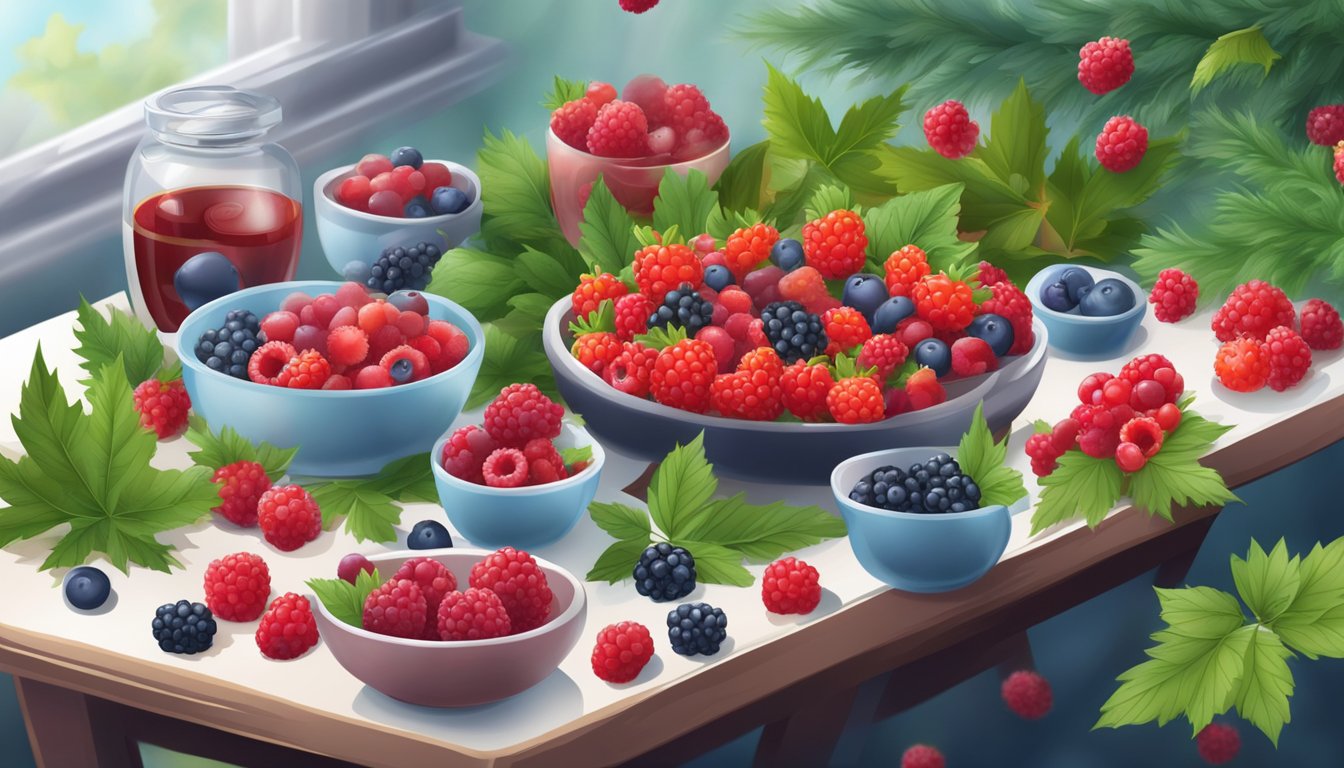 A table with fresh and frozen berries, surrounded by seasonal elements like snowflakes and leaves. Users debating taste, nutrition, and convenience in the background