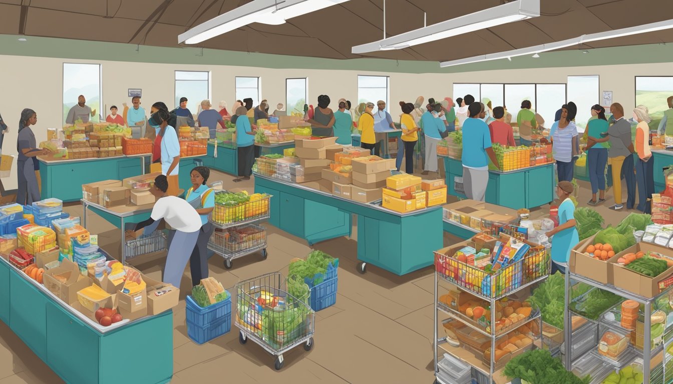 A bustling food pantry in Brazoria County, Texas, with volunteers distributing free groceries to those in need, enhancing food security through donations and volunteering