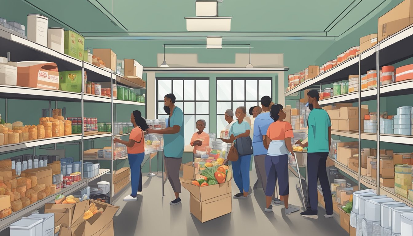 A bustling food pantry with shelves stocked full of groceries, volunteers assisting clients, and a steady flow of people in need of food assistance