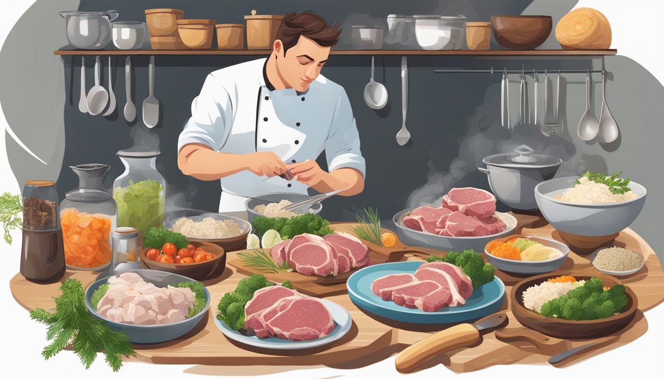 A table with fresh and frozen lamb cuts, surrounded by various cooking ingredients and utensils. A chef is seen tasting and comparing the texture and flavor of each type