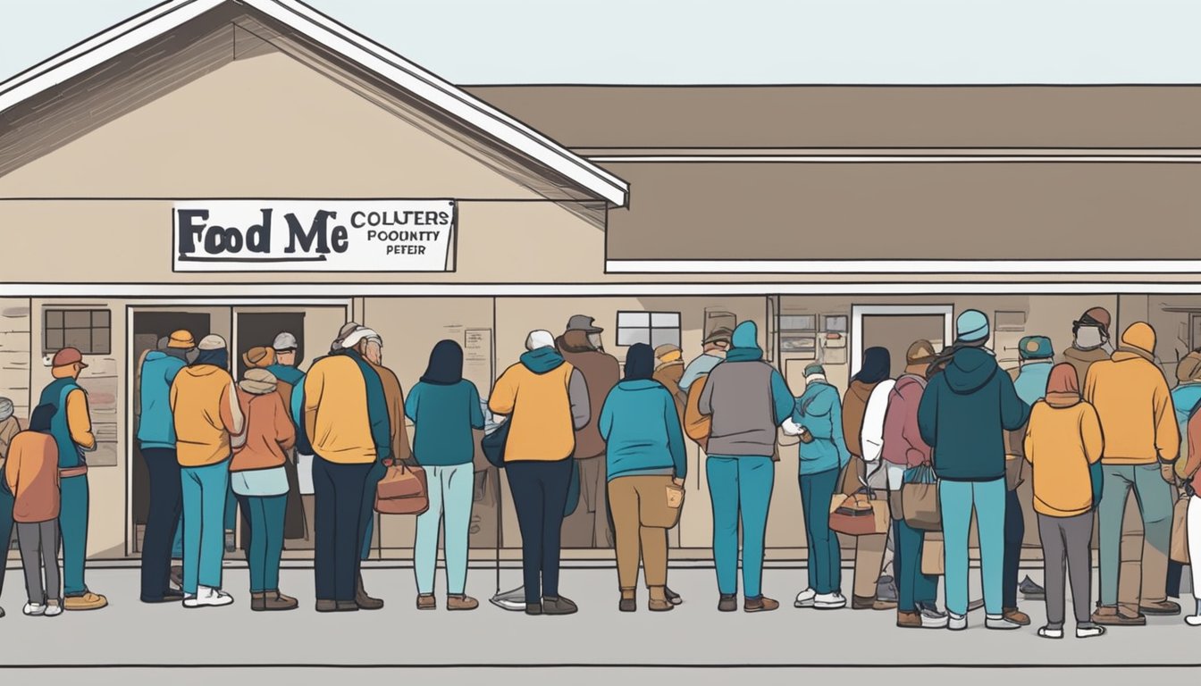 A line of people waits outside a food pantry in Bosque County, Texas. Volunteers hand out free groceries to those in need