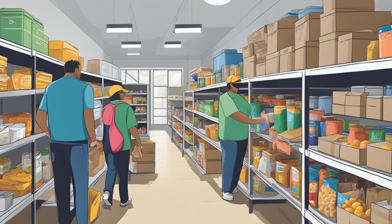 A bustling food pantry in Bosque County, Texas, with shelves stocked full of free groceries and volunteers assisting those in need