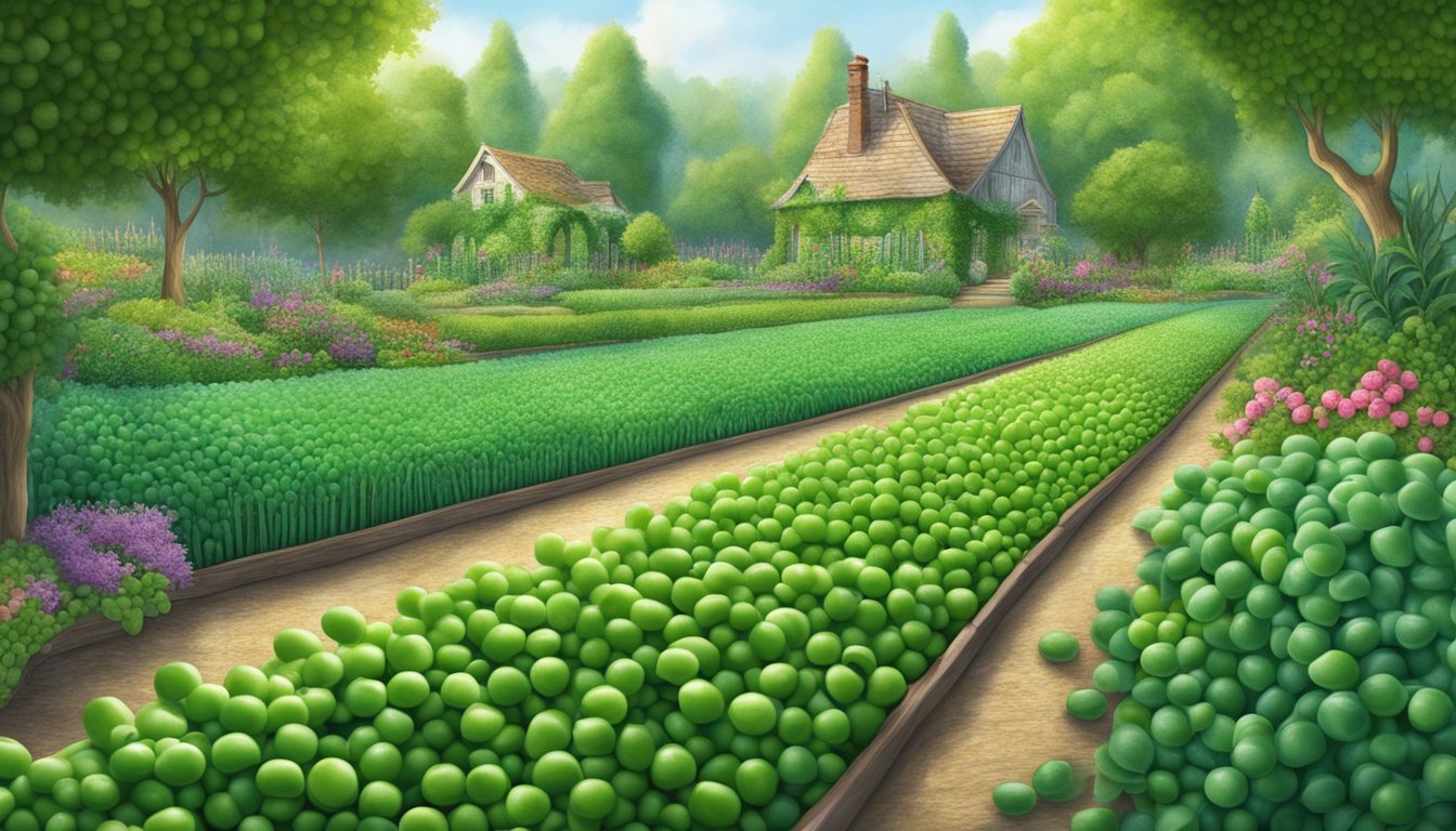 A lush garden with rows of pea plants, some bearing fresh peas while others showcase frozen peas, highlighting the garden-to-table journey