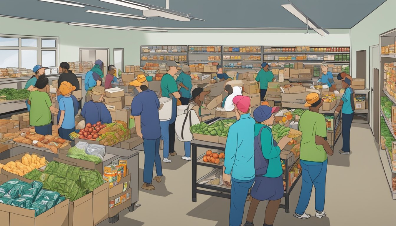 A bustling food pantry in Bosque County, Texas, with volunteers distributing free groceries to those in need