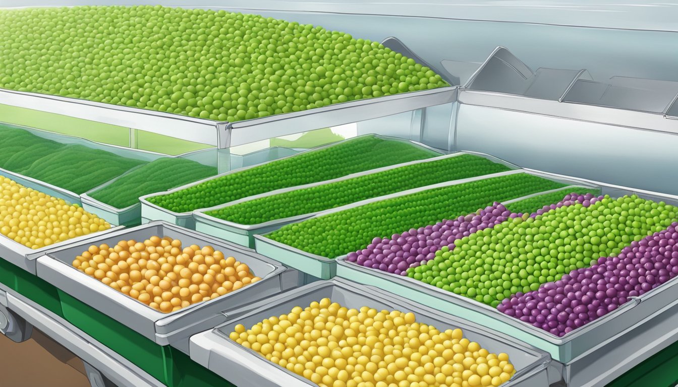 A colorful garden scene with rows of fresh peas on one side and bags of frozen peas on the other, showcasing the comparison between the two