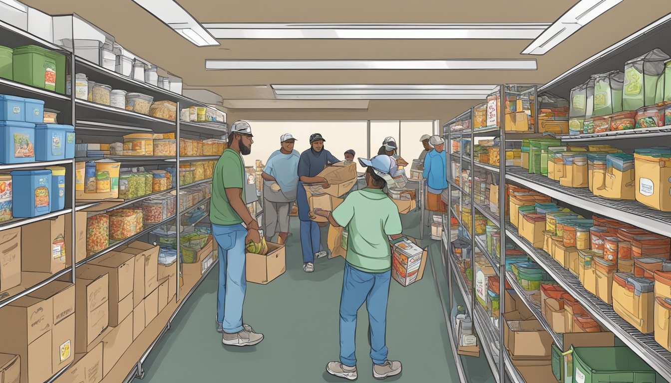 A bustling food pantry in Bosque County, Texas, with volunteers distributing free groceries to those in need