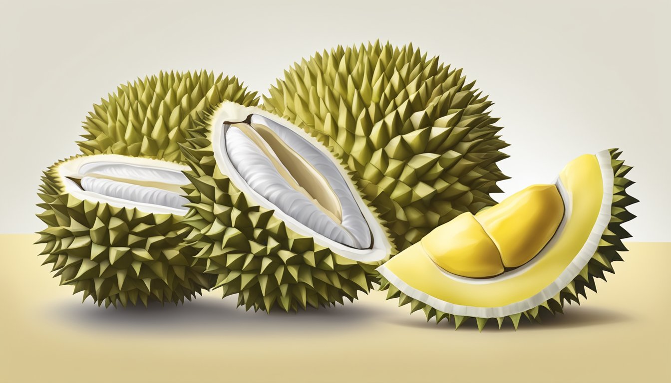 A split image of a fresh durian and a package of frozen durian, with a focus on their texture, color, and overall appearance