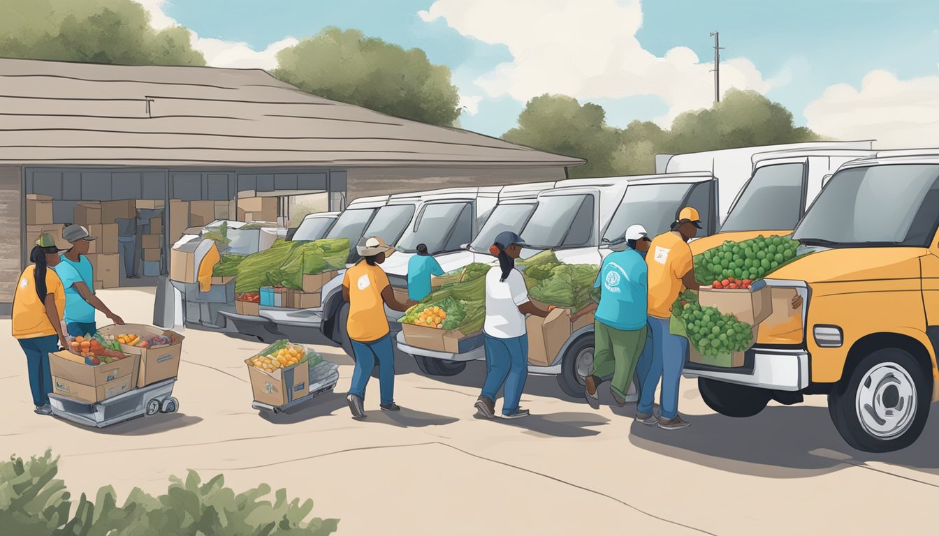 Volunteers load boxes of groceries onto waiting vehicles at a food distribution site in Bosque County, Texas