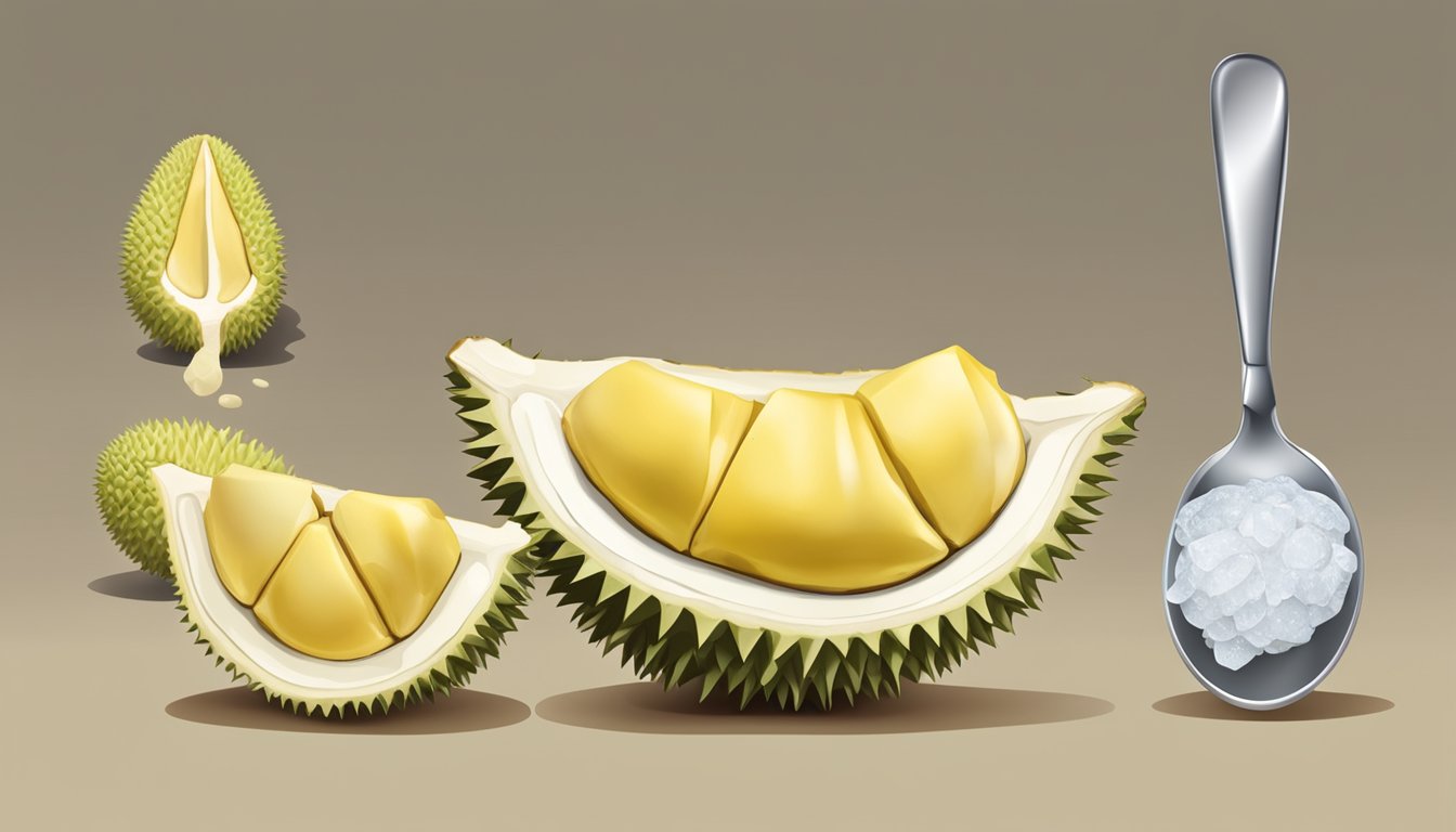 A durian split in half, one side fresh, the other frozen. A spoon scoops out the flesh for analysis