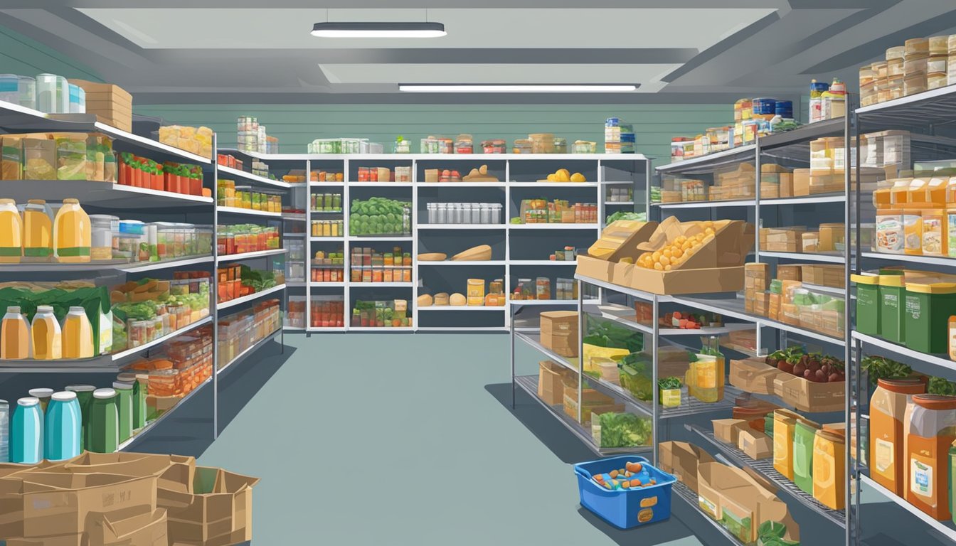 A bustling food pantry in Angelina County, Texas, with shelves stocked full of fresh produce, canned goods, and other nutritious groceries for those in need