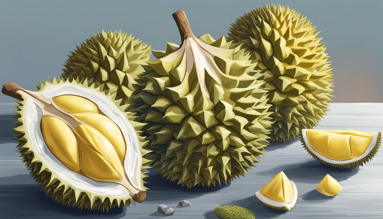 A table with fresh and frozen durian side by side, showcasing their different textures and colors