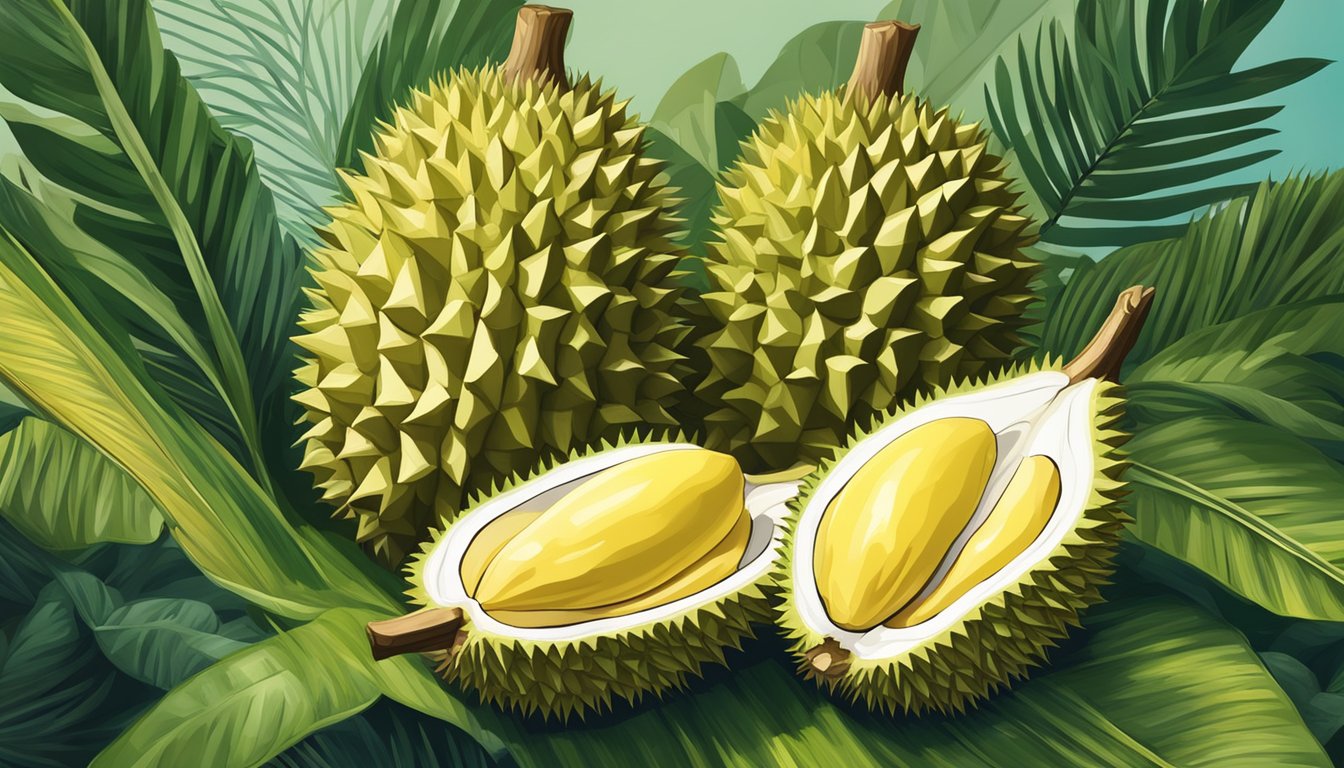 A colorful display of fresh and frozen durian surrounded by tropical foliage, with a focus on contrasting textures and vibrant flavors