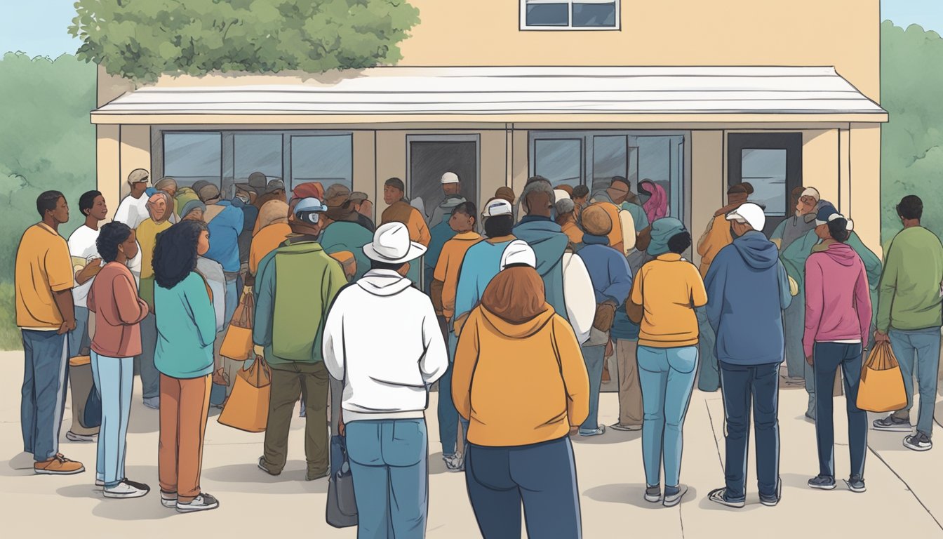 A line of people waits outside a small food pantry in Bosque County, Texas, as volunteers hand out bags of free groceries to those in need