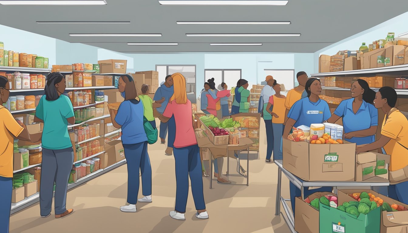 A bustling food pantry in Angelina County, Texas, with volunteers distributing free groceries to those in need