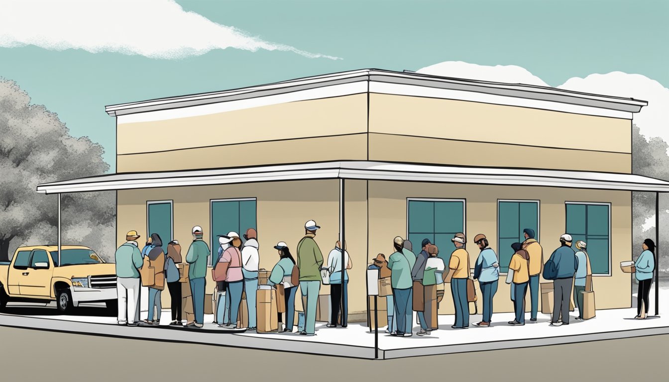 A line of people wait outside a food pantry in Bee County, Texas. Volunteers distribute free groceries to those in need