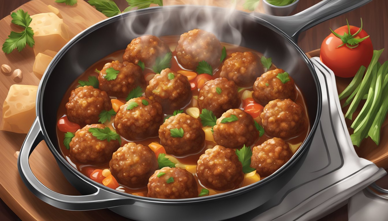 A sizzling skillet holds a mix of frozen and fresh meatballs, each surrounded by a flavorful sauce. Steam rises as they cook, creating a savory aroma in the kitchen