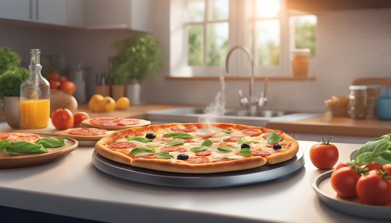 A steaming hot fresh pizza sits next to a frozen pizza on a kitchen counter. A person takes a bite of each, comparing taste and convenience