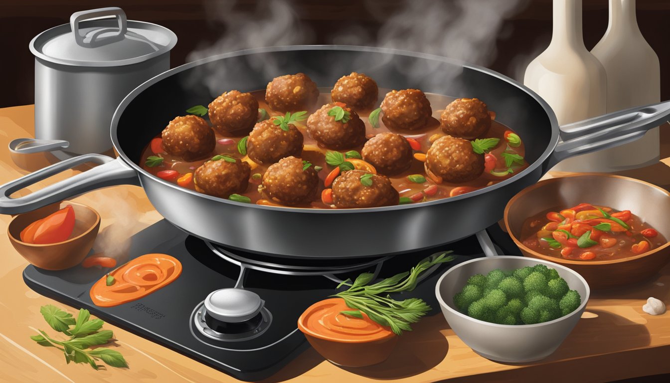 A sizzling skillet holds fresh and frozen meatballs, surrounded by steaming pots and pans. The aroma of savory spices fills the kitchen as the two sides face off in a culinary showdown