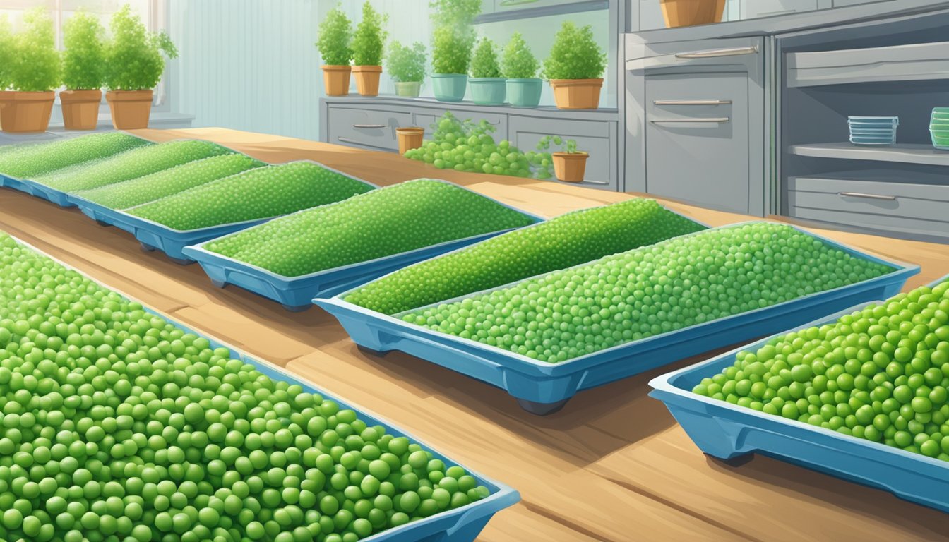 A garden with rows of fresh peas on one side and a freezer with bags of frozen peas on the other