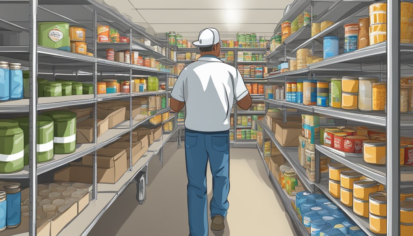 A bustling food pantry in Bee County, Texas, with shelves stocked full of canned goods, fresh produce, and other essential items for those in need