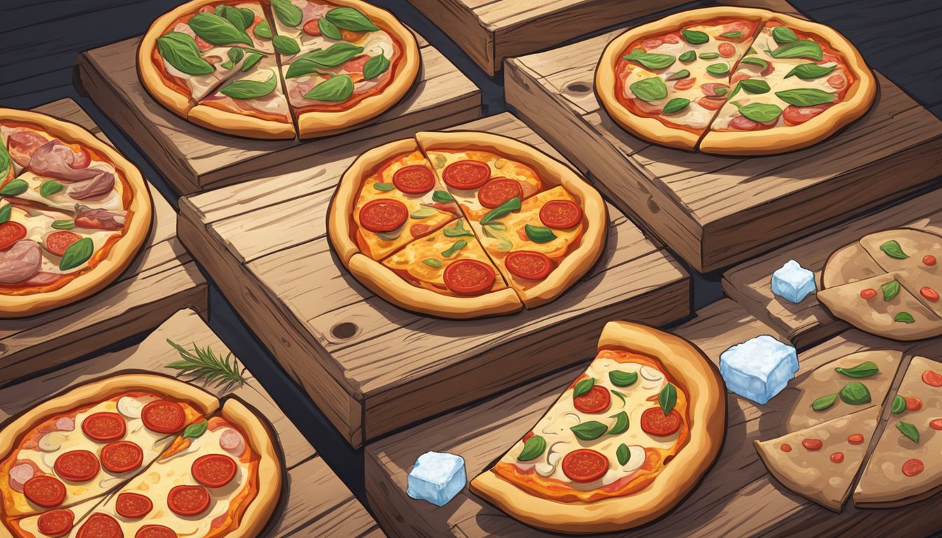 A steaming hot, fresh pizza sits on a rustic wooden table next to a neatly arranged array of frozen pizza boxes. The fresh pizza exudes a mouthwatering aroma, while the frozen options promise quick and convenient meals