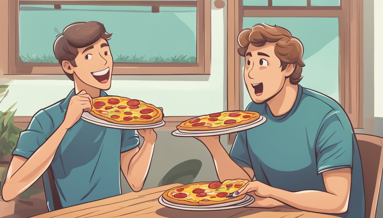 A table with two pizzas: one fresh, one frozen. A person takes a bite of each, comparing taste and convenience