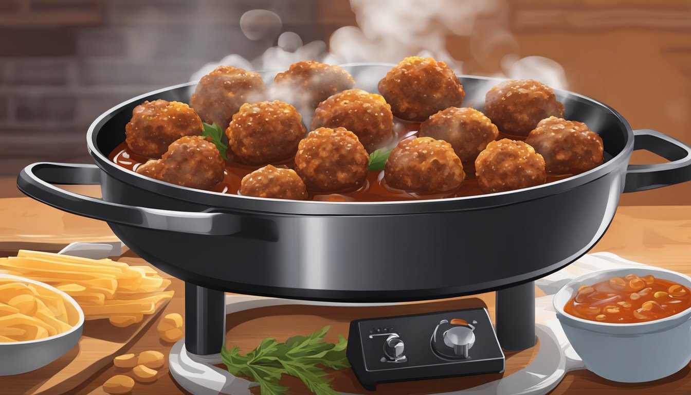 A sizzling skillet holds a pile of fresh and frozen meatballs, each emitting a mouthwatering aroma. The fresh meatballs glisten with moisture, while the frozen ones release a cloud of steam as they cook