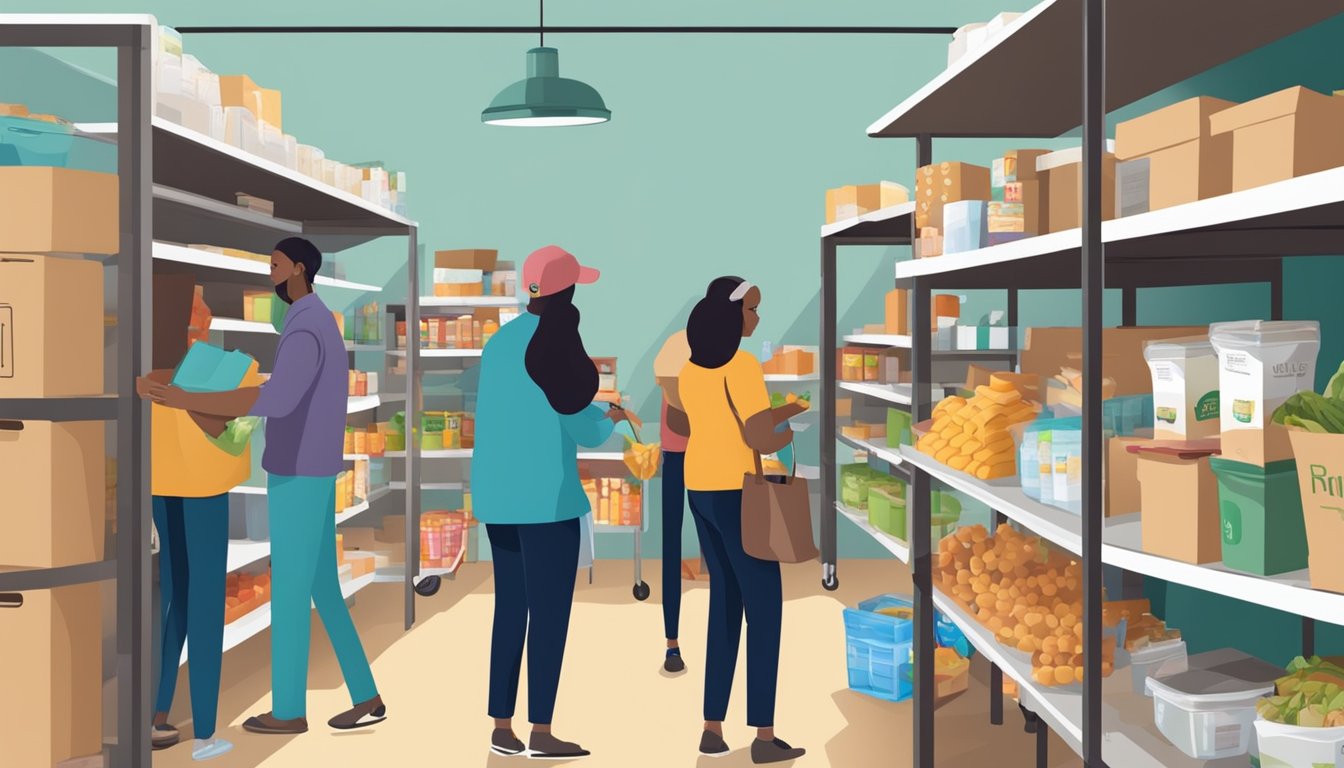 A bustling food pantry in Bastrop County, Texas, with shelves stocked full of free groceries and volunteers assisting those in need