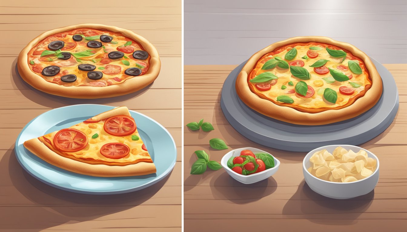 A table with a freshly baked pizza on one side and a frozen pizza on the other, highlighting the difference in appearance and quality