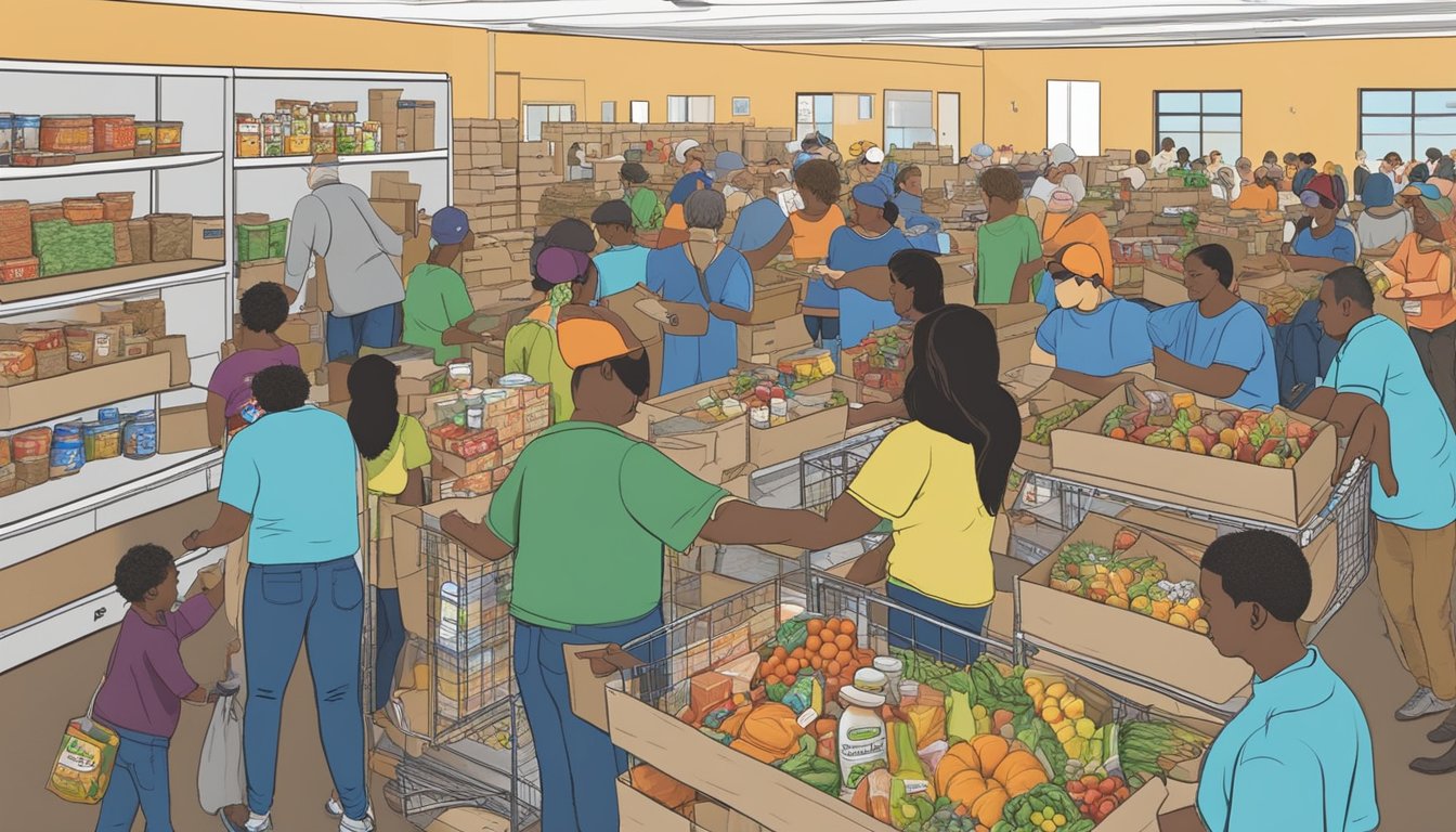 A bustling food pantry in Bastrop County, Texas, with volunteers distributing free groceries to those in need