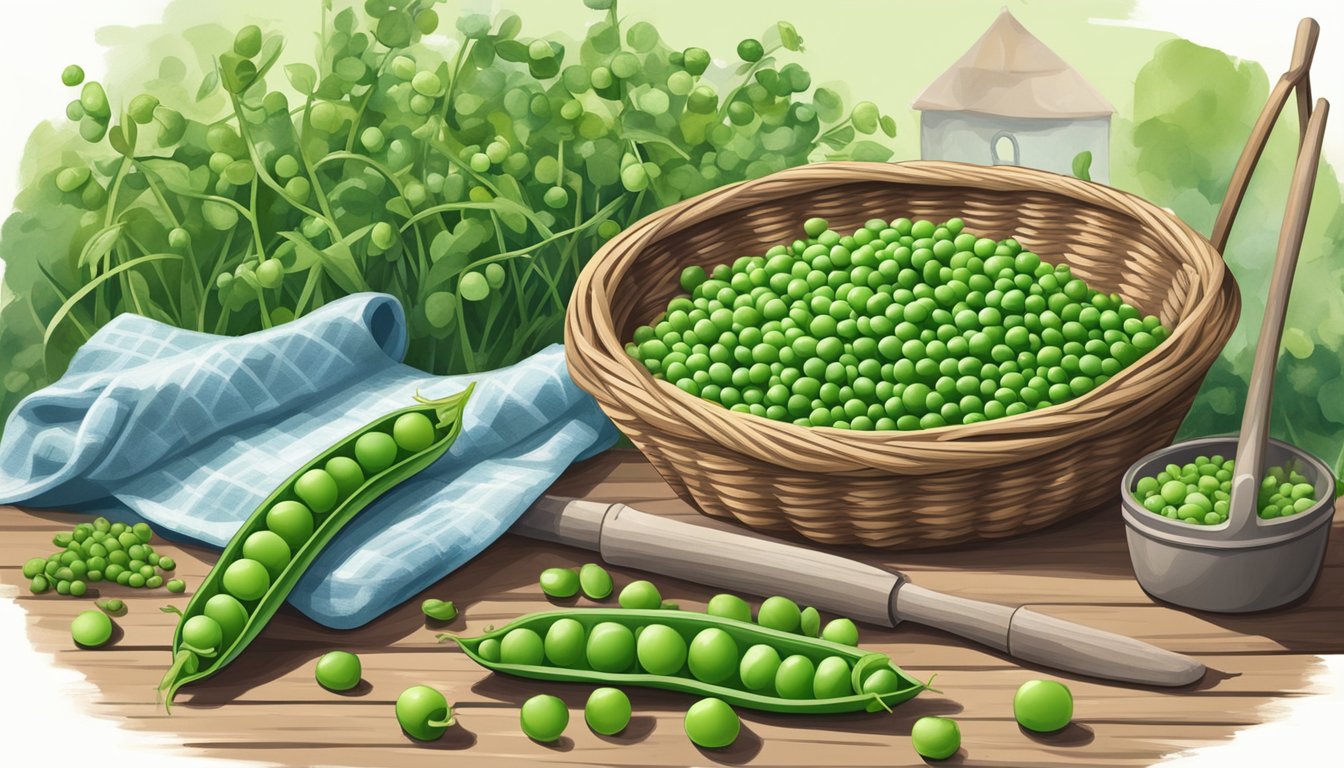 A basket of freshly picked peas sits next to a bag of frozen peas, surrounded by gardening tools and a small garden plot