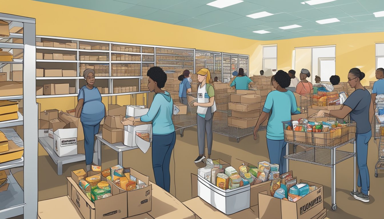 A bustling food pantry in Bee County, Texas, with volunteers distributing free groceries to those in need