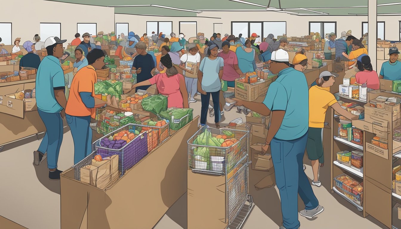 A bustling food pantry in Bastrop County, Texas, with volunteers distributing free groceries to those in need