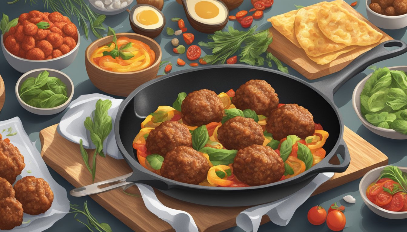 A sizzling skillet showcases a savory showdown between frozen and fresh meatballs, surrounded by vibrant ingredients and cooking utensils