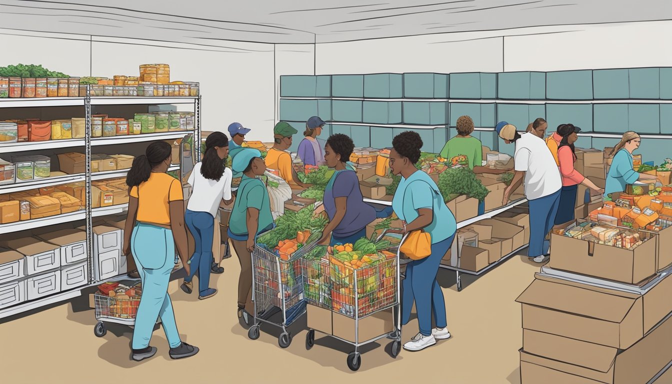 A bustling food pantry in Bastrop County, Texas, with volunteers distributing free groceries to those in need