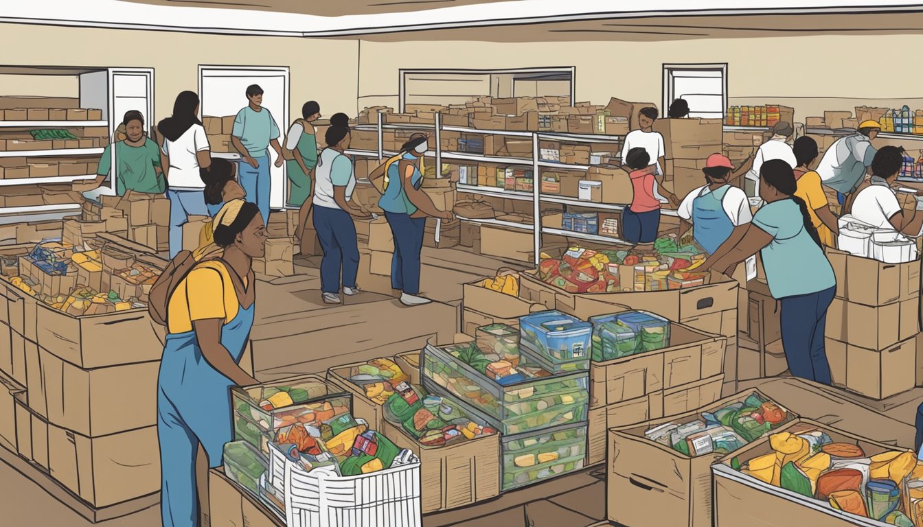 A bustling food pantry in Bee County, Texas, with volunteers distributing free groceries to those in need