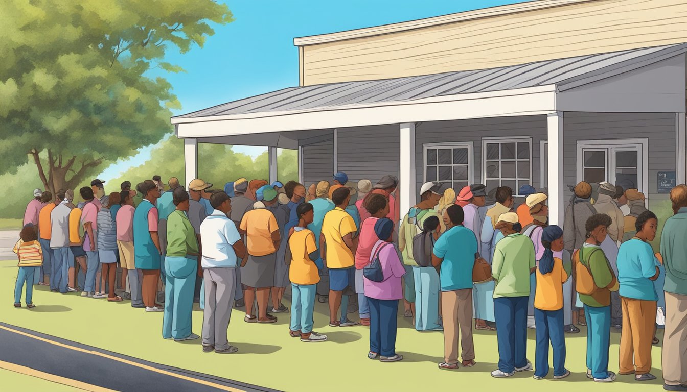 People lining up outside a food pantry in Austin County, Texas, waiting for free groceries