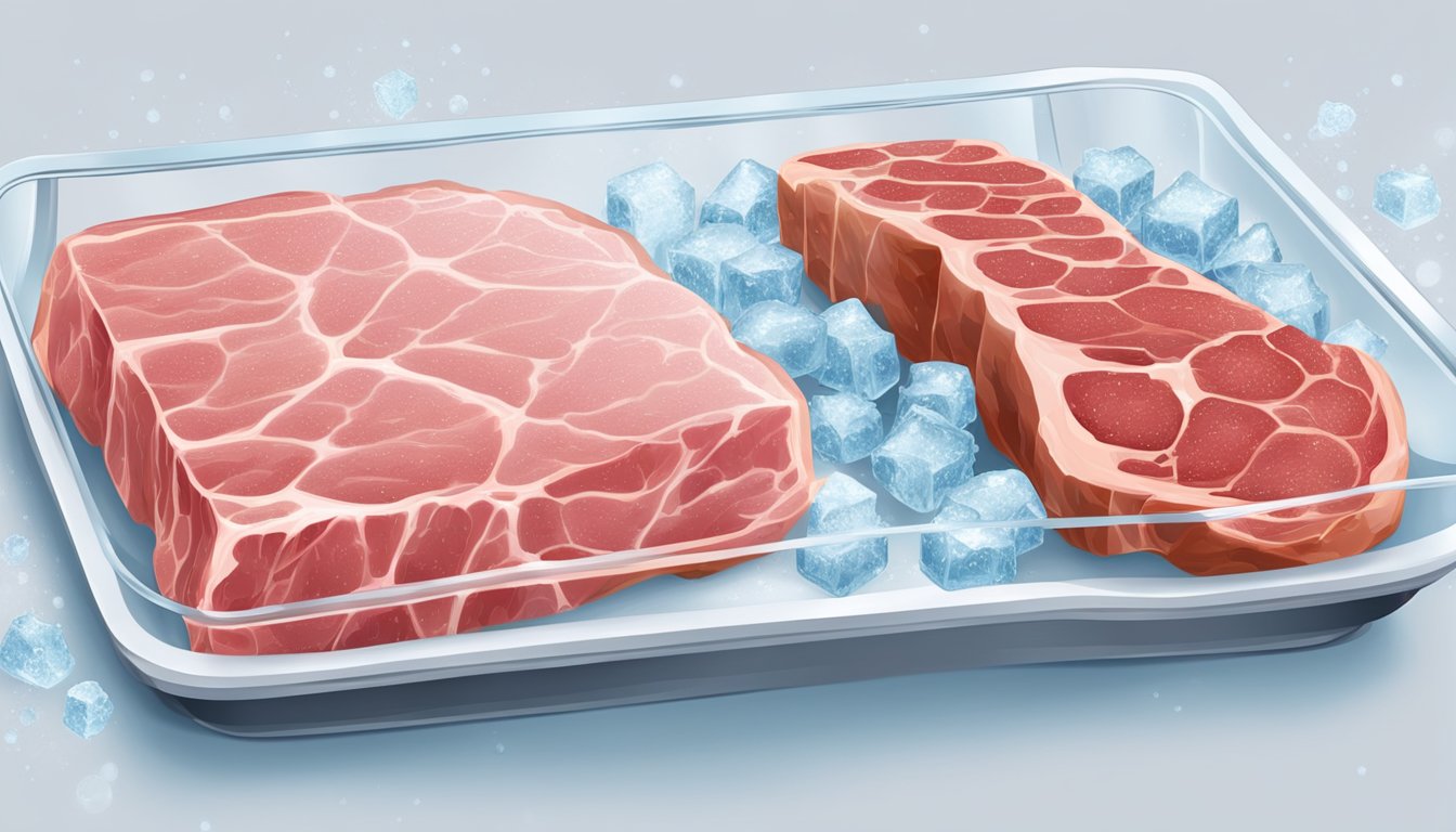 A side-by-side comparison of frozen and fresh meat on a scale, with ice crystals forming on the frozen meat and water droplets on the fresh meat