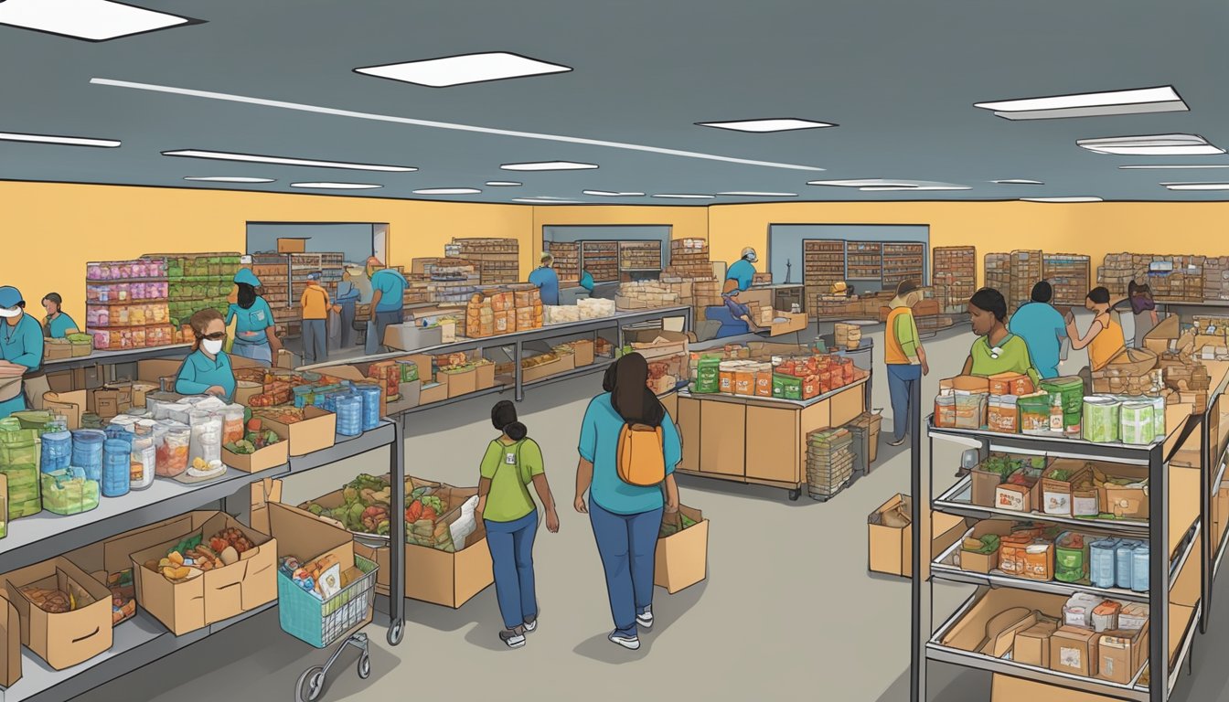 A bustling food pantry in Bexar County, Texas, with volunteers distributing free groceries to those in need