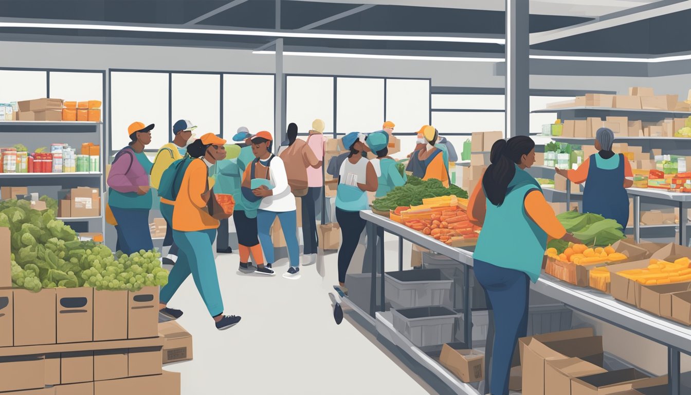 A bustling food pantry in Austin County, Texas, with volunteers distributing free groceries to those in need